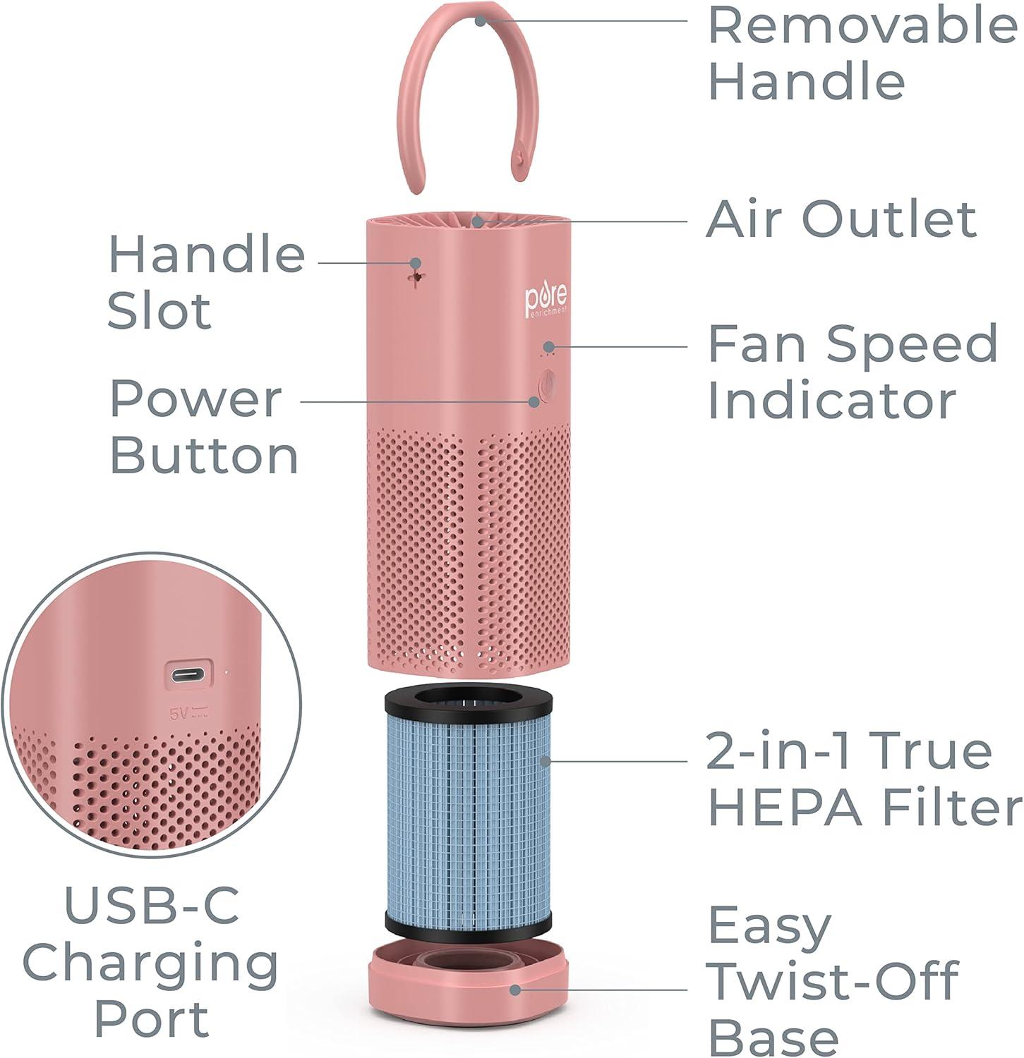 Pure Enrichment Pure Zone Mini Personal Air Purifier Blush: HEPA Filter, USB Powered, 3 Settings, 5-Year Warranty