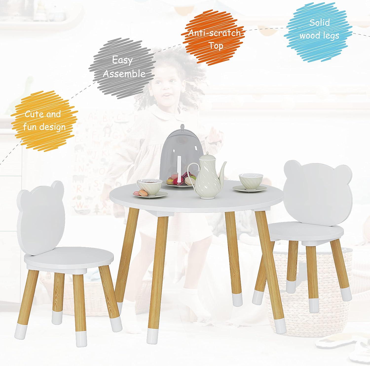 White and Natural Wood Kids Round Table with 2 Chairs