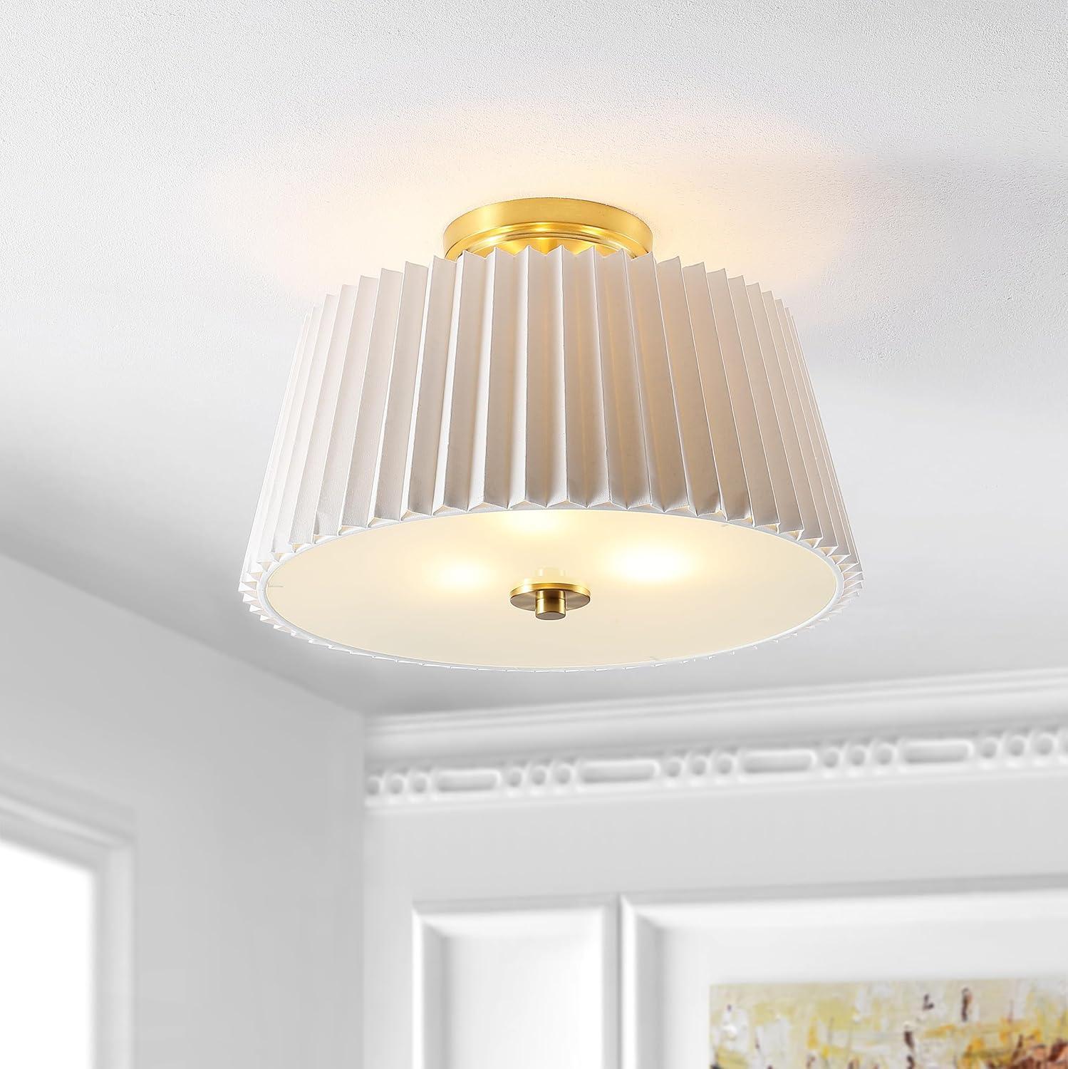 White Pleated Fabric Drum Flush Mount with Brass Gold Accents