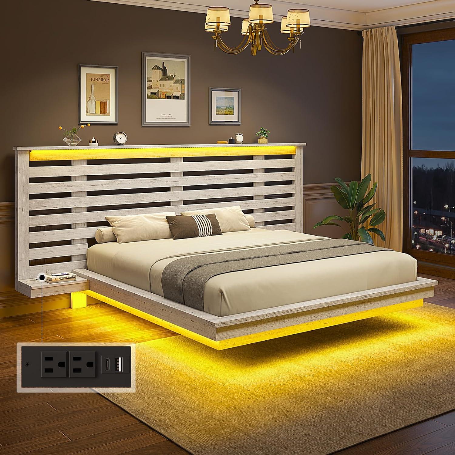 Distressed White Queen Floating Bed Frame with LED and Charging Station