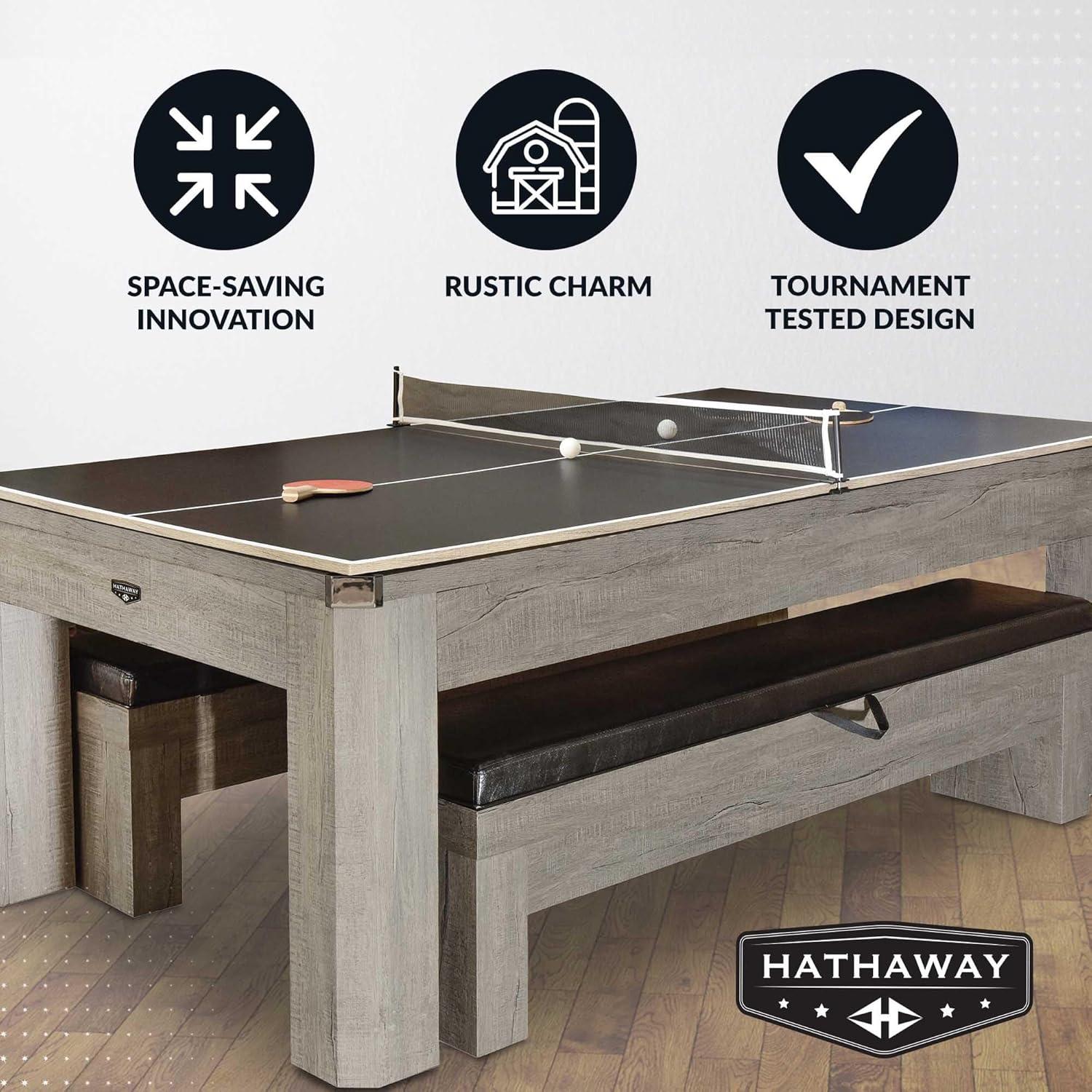 Hathaway Newport Stylish 7 Ft Multi Game Pool Table Combo with Dining Top and Ping Pong – Includes Benches for Home Storage and Accessories