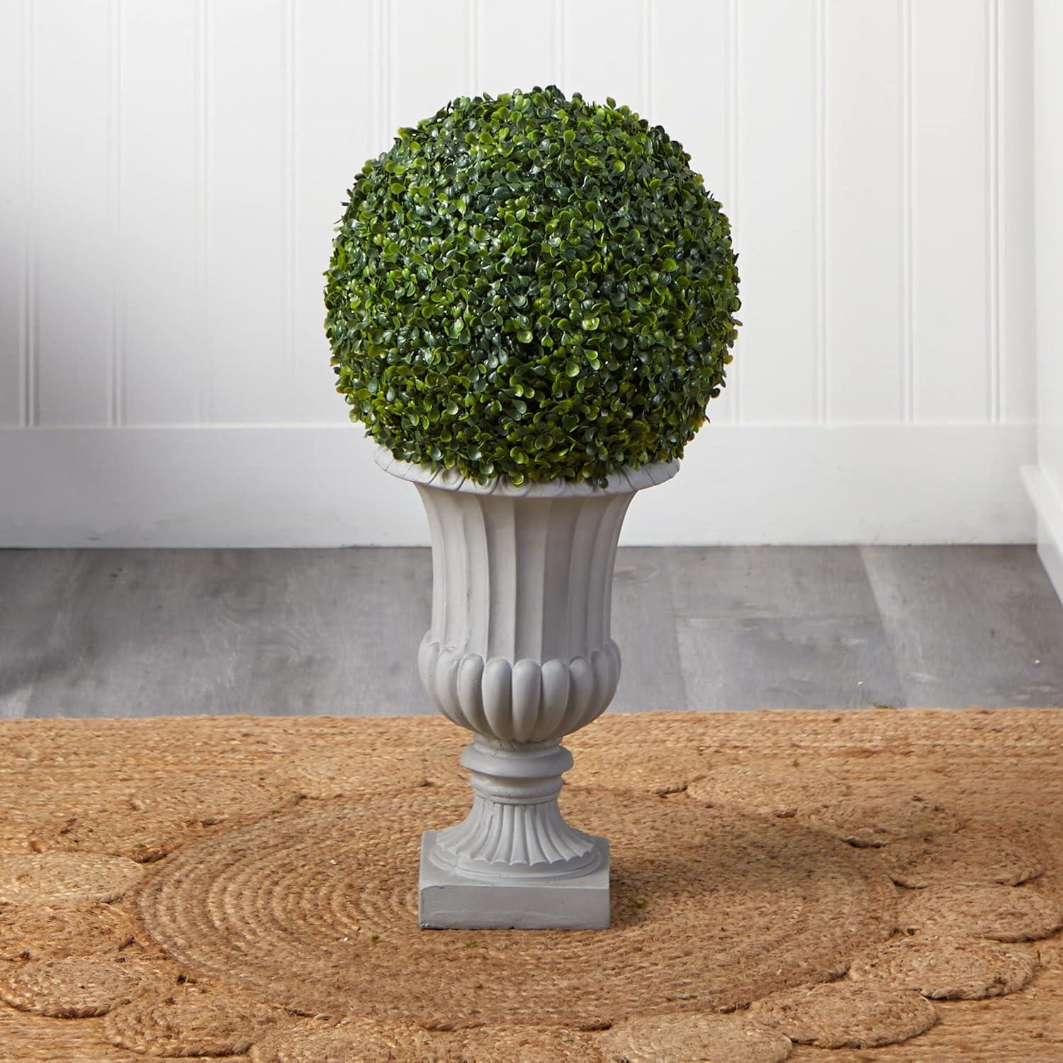 Nearly Natural Indoor/Outdoor 30" Boxwood Topiary with Urn in Green/Gray