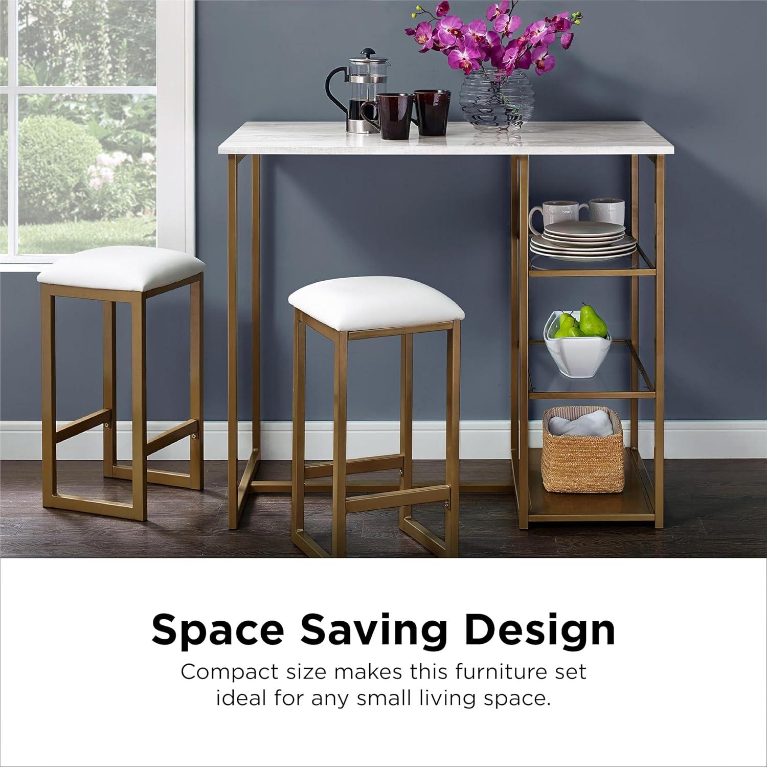 DHP Tanner 3-Piece Brass Counter Height Set with Faux Marble Top, White