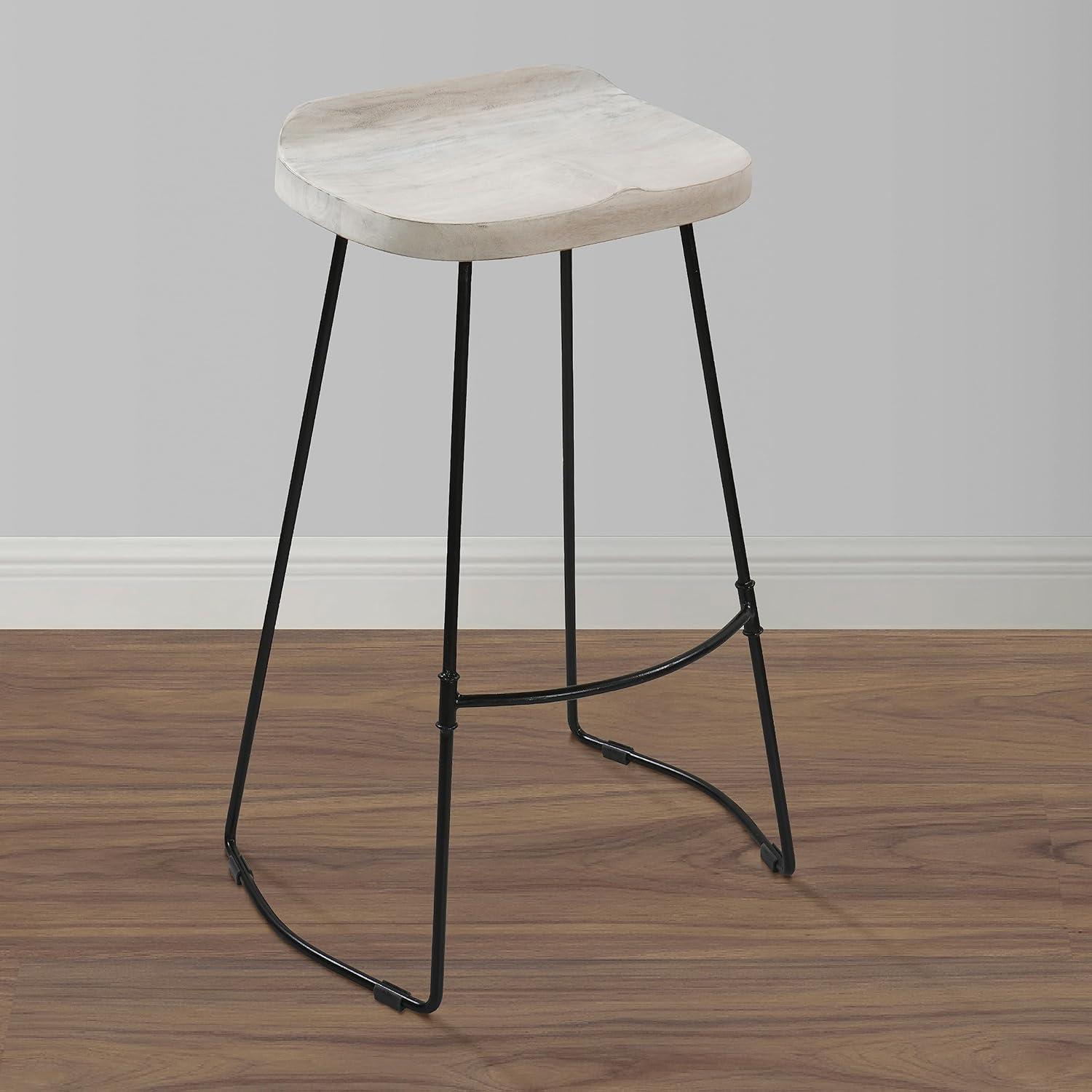 30-Inch Whitewashed Mango Wood Saddle Seat Backless Barstool with Black Metal Base