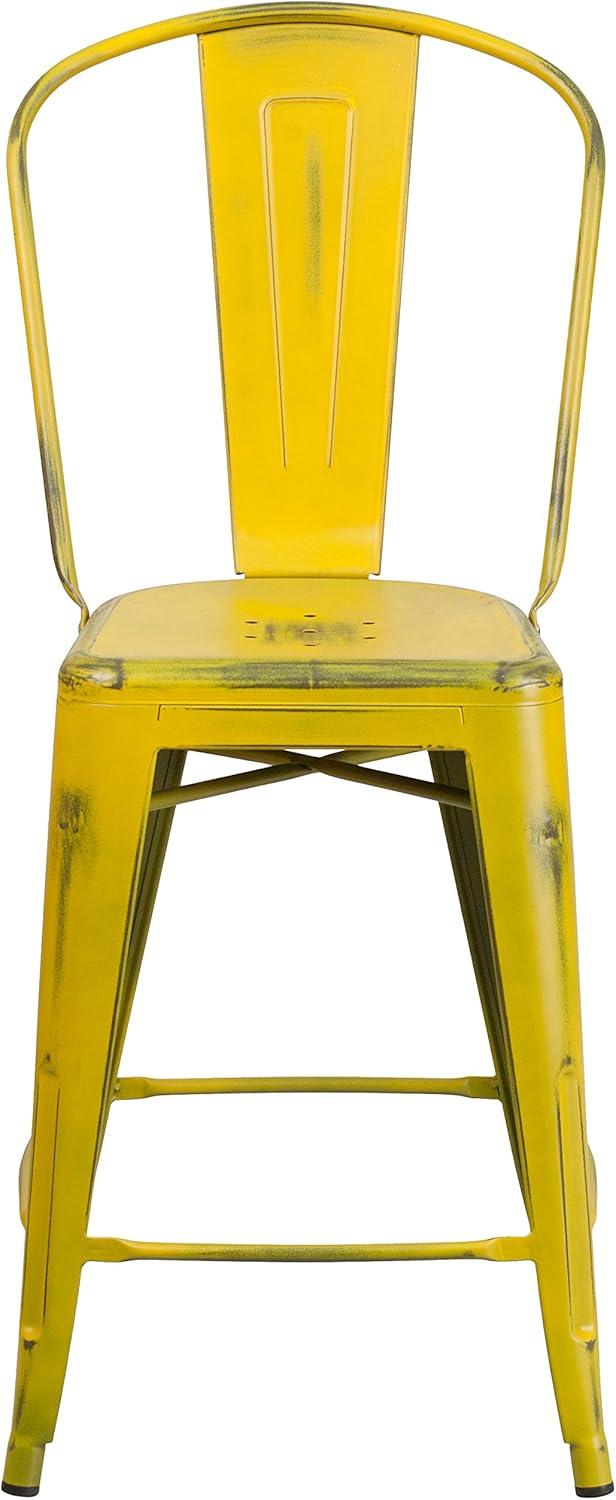 Flash Furniture Commercial Grade 24" High Distressed Yellow Metal Indoor-Outdoor Counter Height Stool with Back