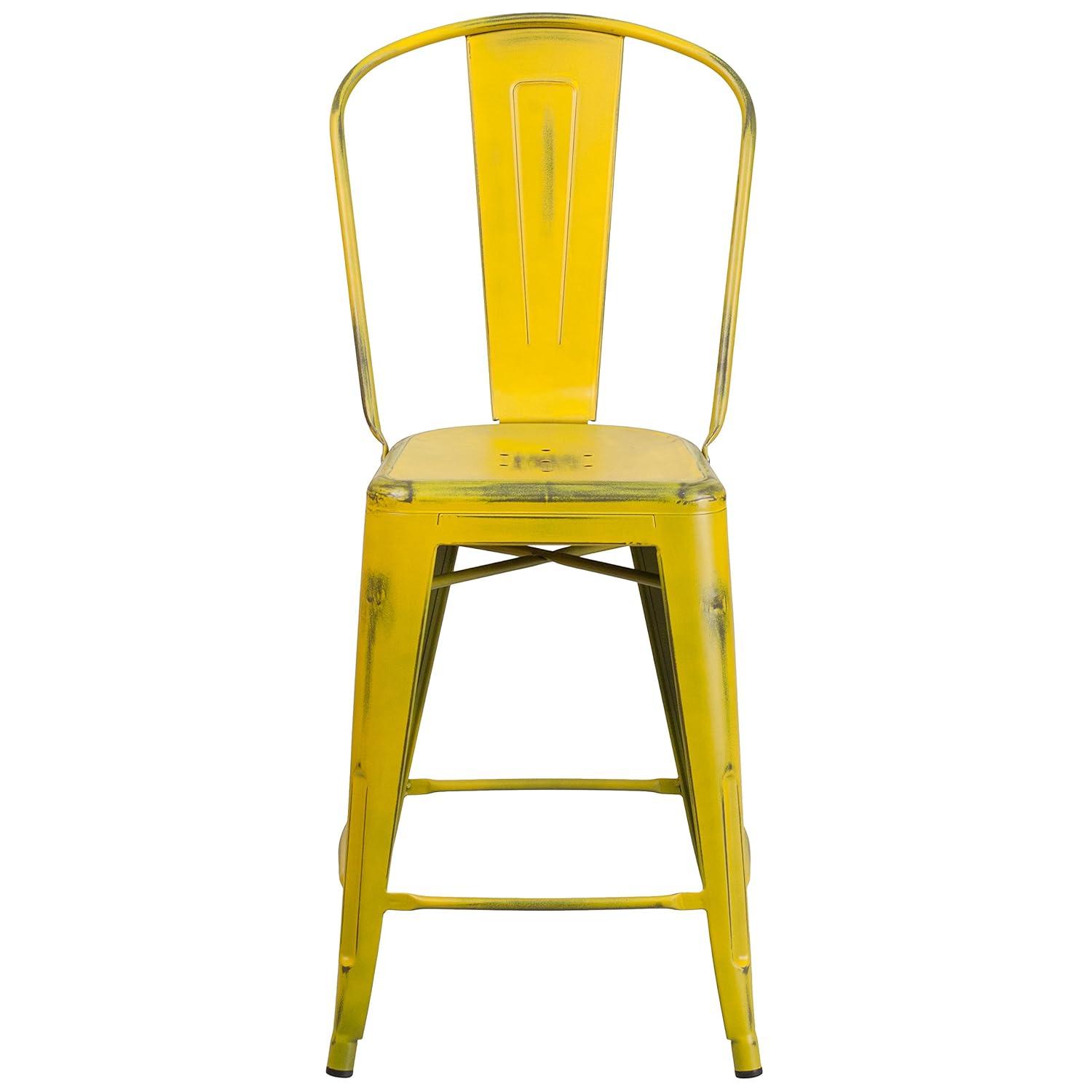 Flash Furniture Commercial Grade 24" High Distressed Yellow Metal Indoor-Outdoor Counter Height Stool with Back