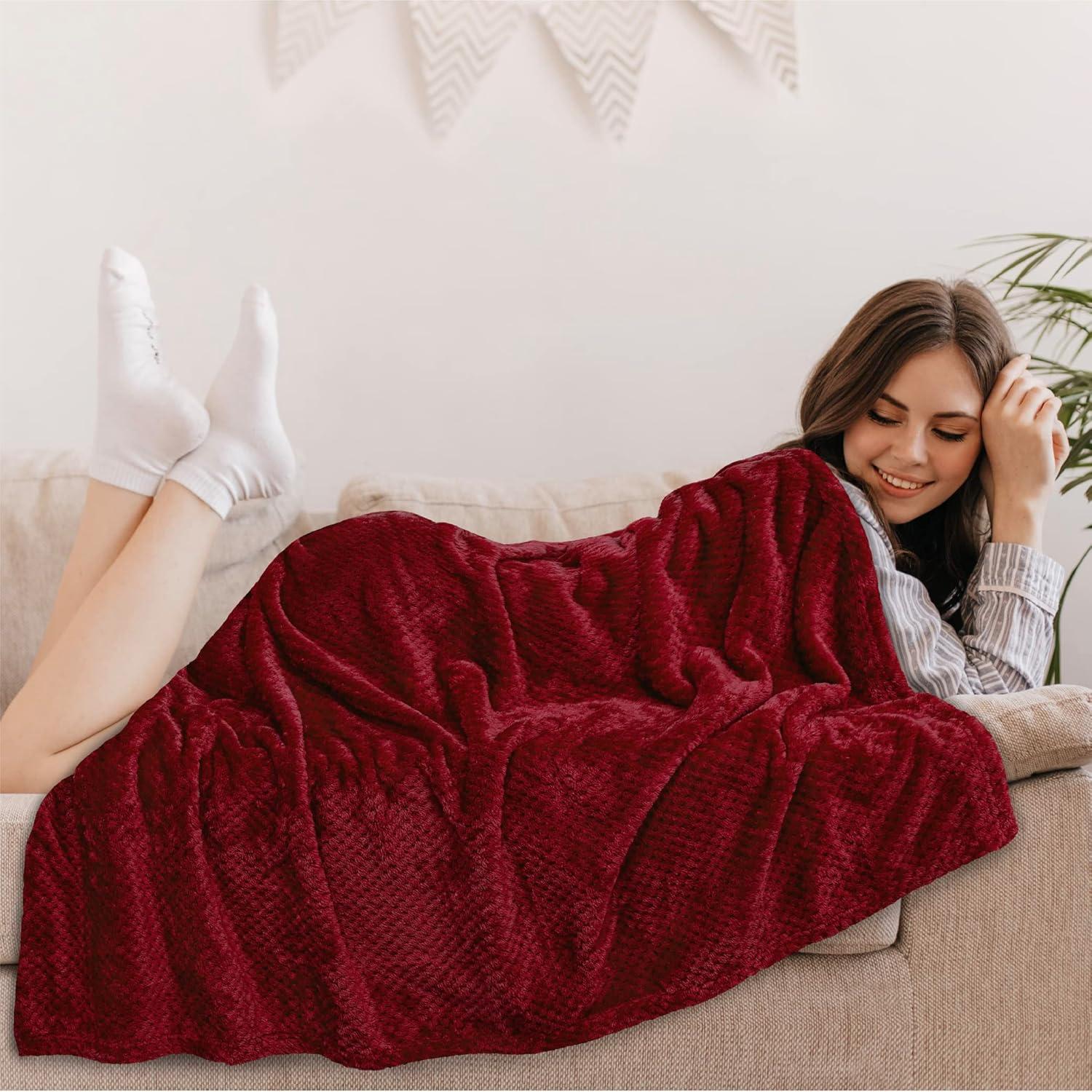 PAVILIA Soft Waffle Blanket Throw for Sofa Bed, Lightweight Plush Warm Blanket for Couch , Dark Red/Twin - 60x80