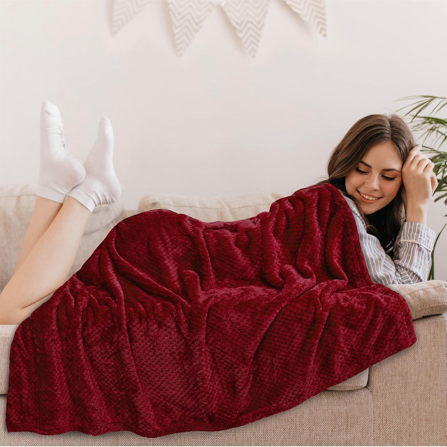 PAVILIA Soft Waffle Blanket Throw for Sofa Bed, Lightweight Plush Warm Blanket for Couch , Dark Red/Twin - 60x80