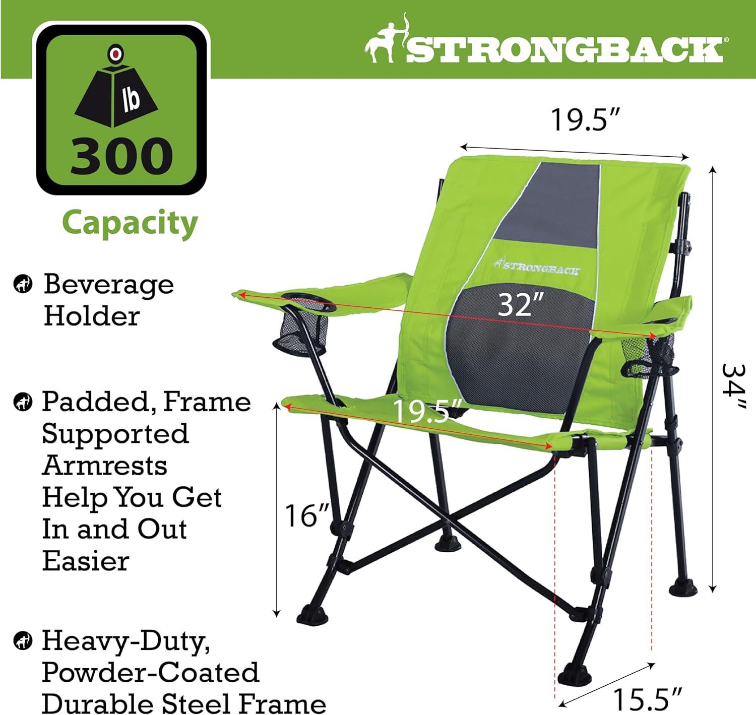 STRONGBACK Camping Chair Guru 3.0 Heavy Duty Camping Chairs with Lumbar Support, Backpack Folding Camp Chair, Lime Green/Gray