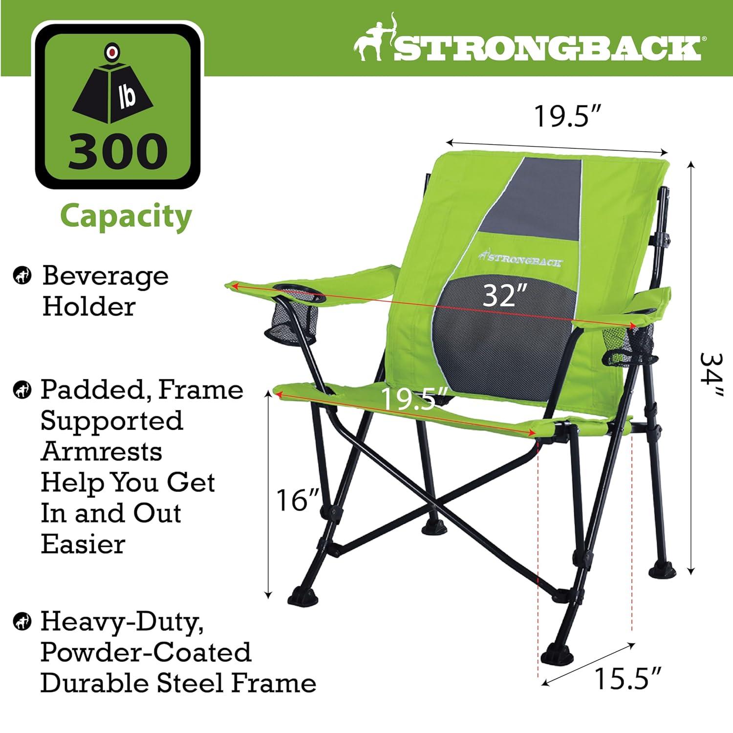 STRONGBACK Camping Chair Guru 3.0 Heavy Duty Camping Chairs with Lumbar Support, Backpack Folding Camp Chair, Lime Green/Gray