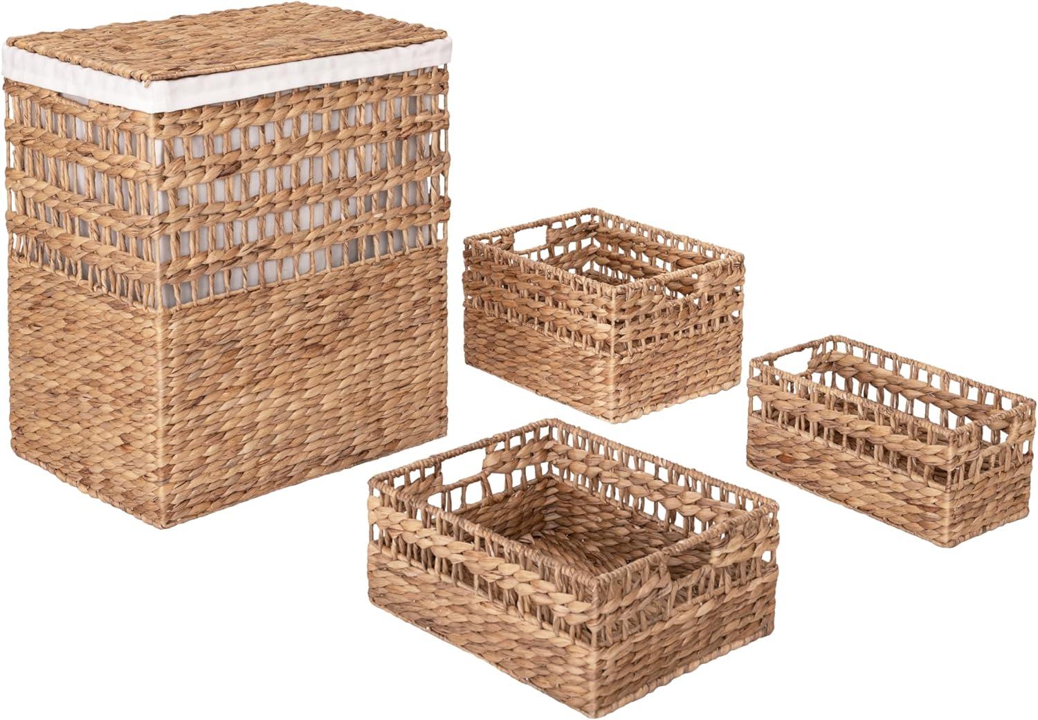 Natural Water Hyacinth Handwoven Lidded Hamper Set