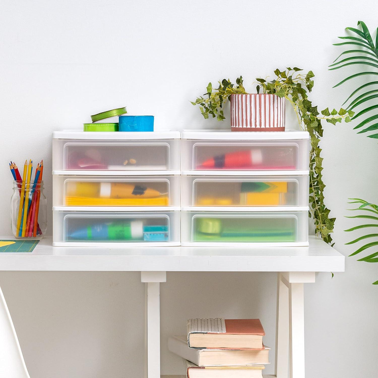IRIS USA Medium 3-Drawer Stacking Desktop Organizer, 1 Pack, Plastic Drawer Storage Container for Stationery Art Craft Supplies, White