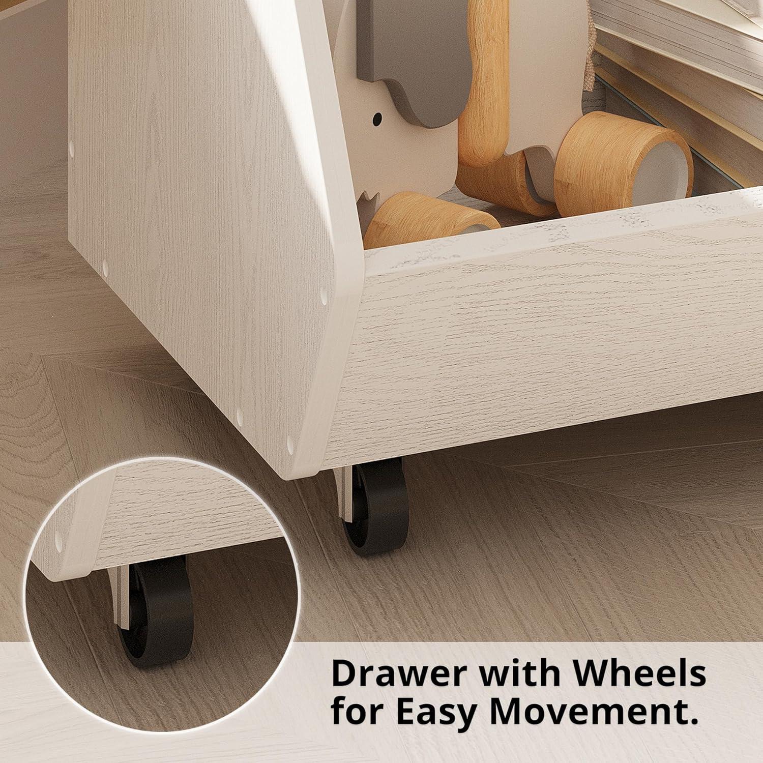 IRONCK Toy Storage Organizer, Kids Bookshelf with 2 Movable Cubby Drawers, Top Toy Storage with Crossbar, Storage Cabinet for Nursery, Playroom, White