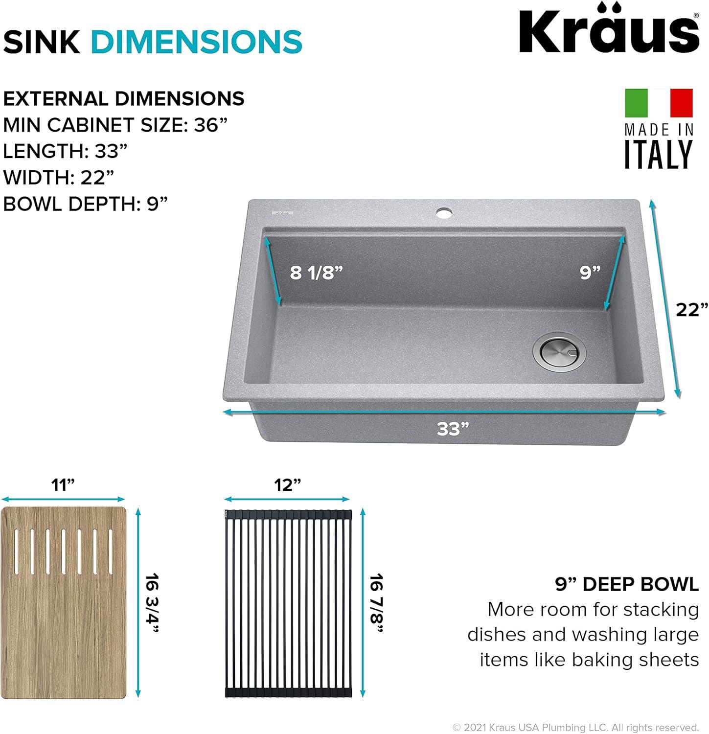 33 in. KRAUS Bellucci Workstation Drop-In Granite Composite Single Bowl Kitchen Sink with Accessories