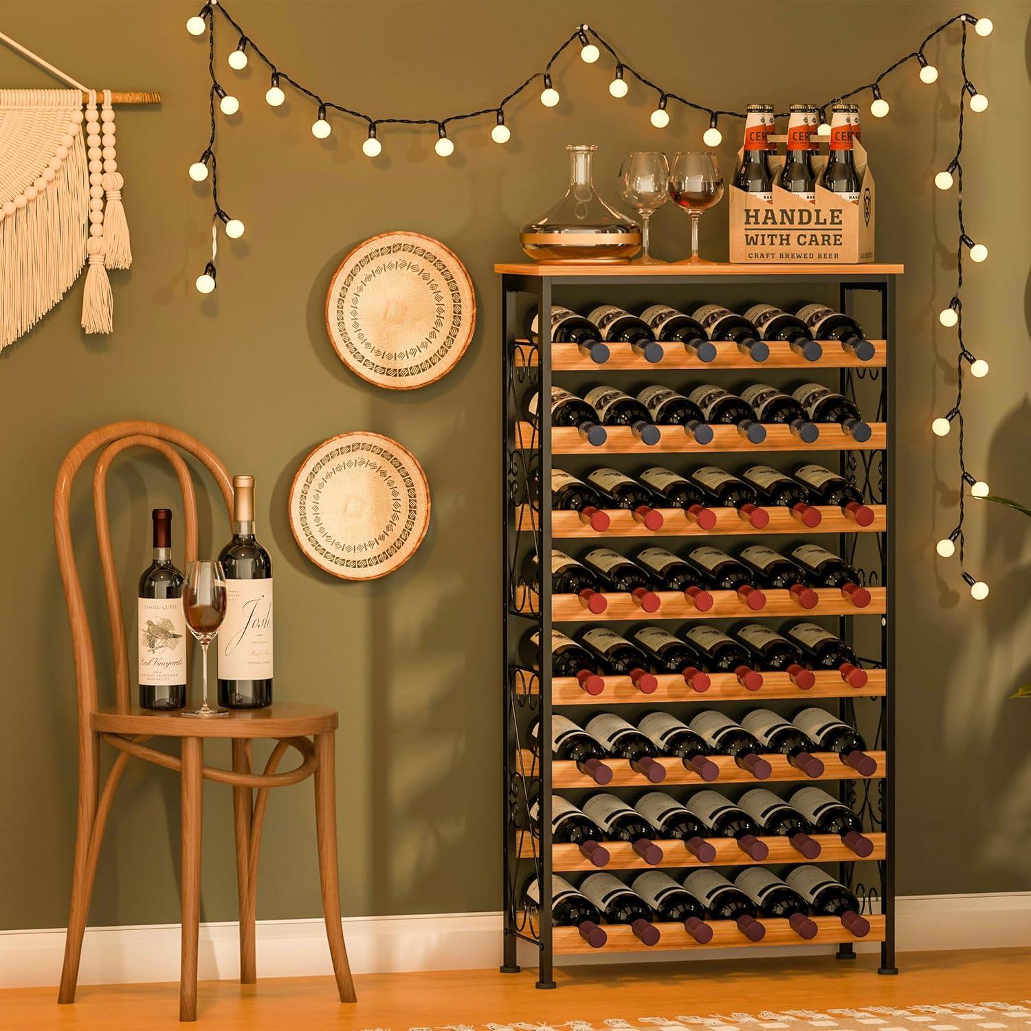 48 Bottles Floor Wine Rack with Wood Top,8 Tier Wine Storage Stand