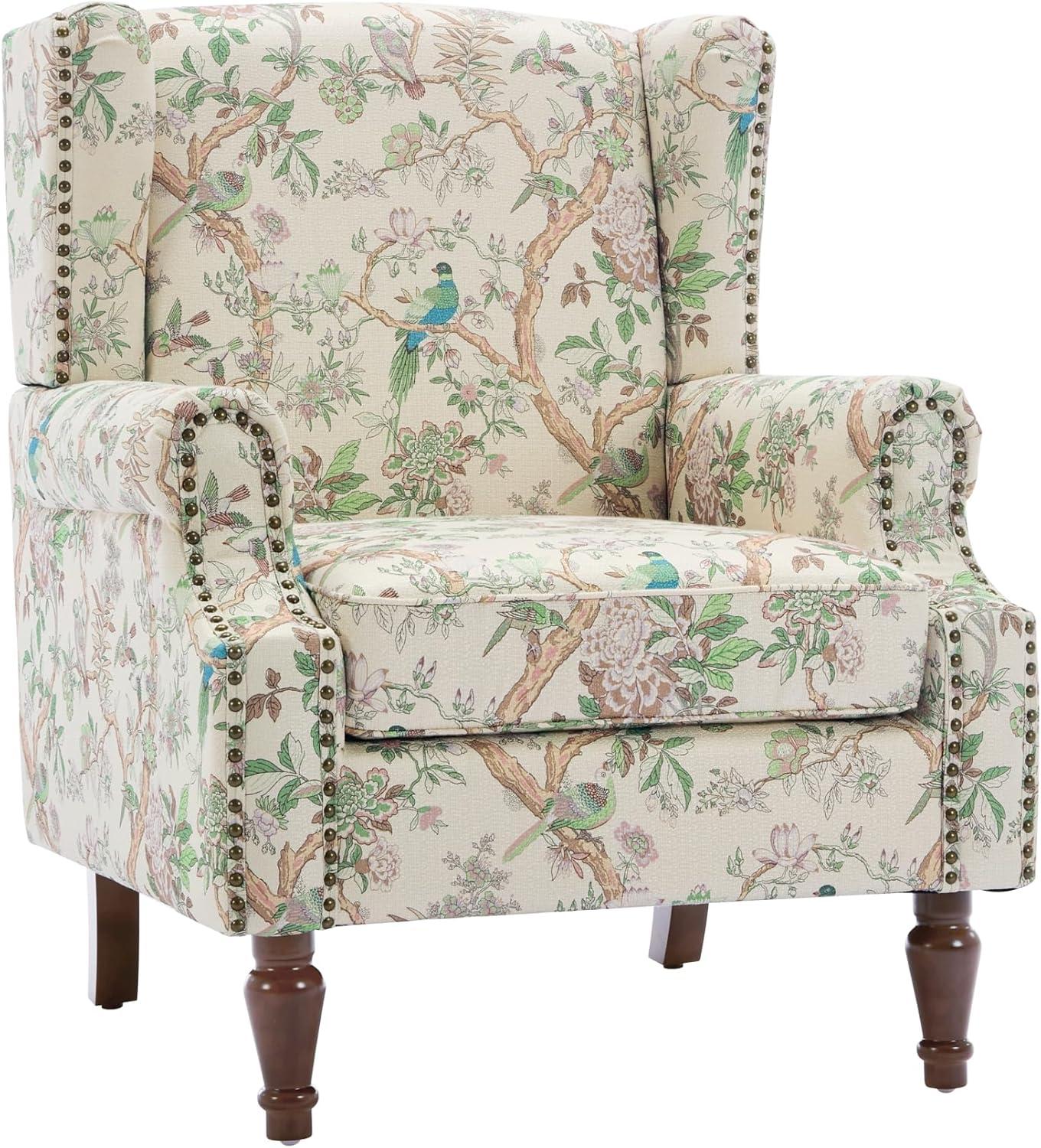 Bird Pattern Linen Upholstered High Back Accent Arm Chair with Nailhead Trim(Set of 2)