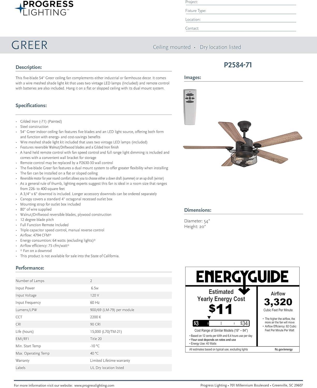 Progress Lighting - 54``Ceiling Fan - Greer - Wide - Ceiling Fan - 2 Light -