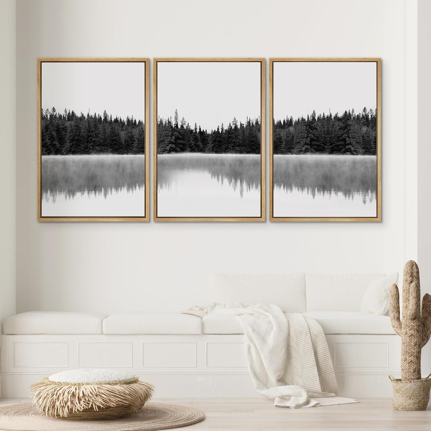 Nature Landscape " Woodland Nursery Decor Black And White Forest With Lake Nature Abstract " 3 - Pieces