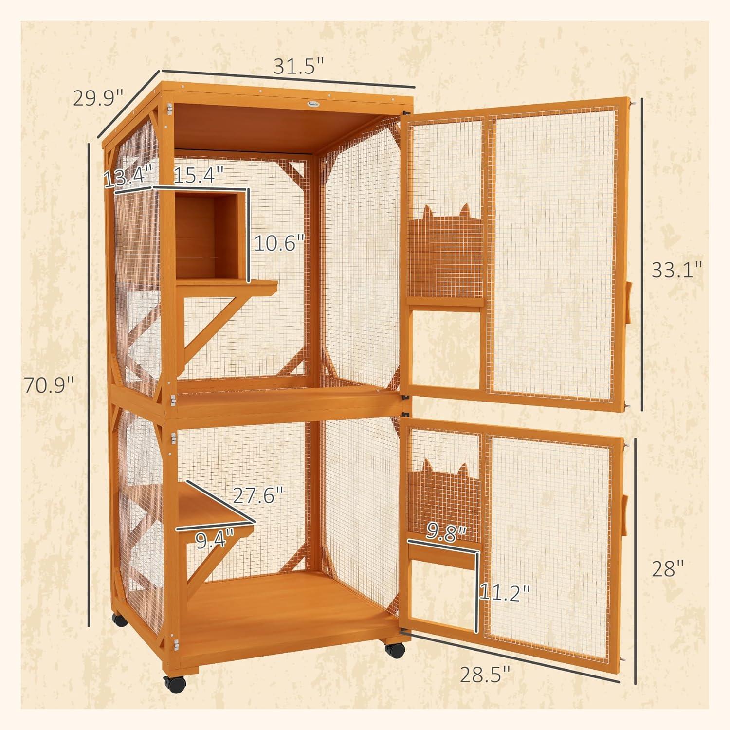 PawHut Catio Outdoor, Large Cat Enclosure, Wooden Kitten House, Elevated Design, with Wheels, Water-Resistant, Multi Platforms, for 1-3 Cats, Orange