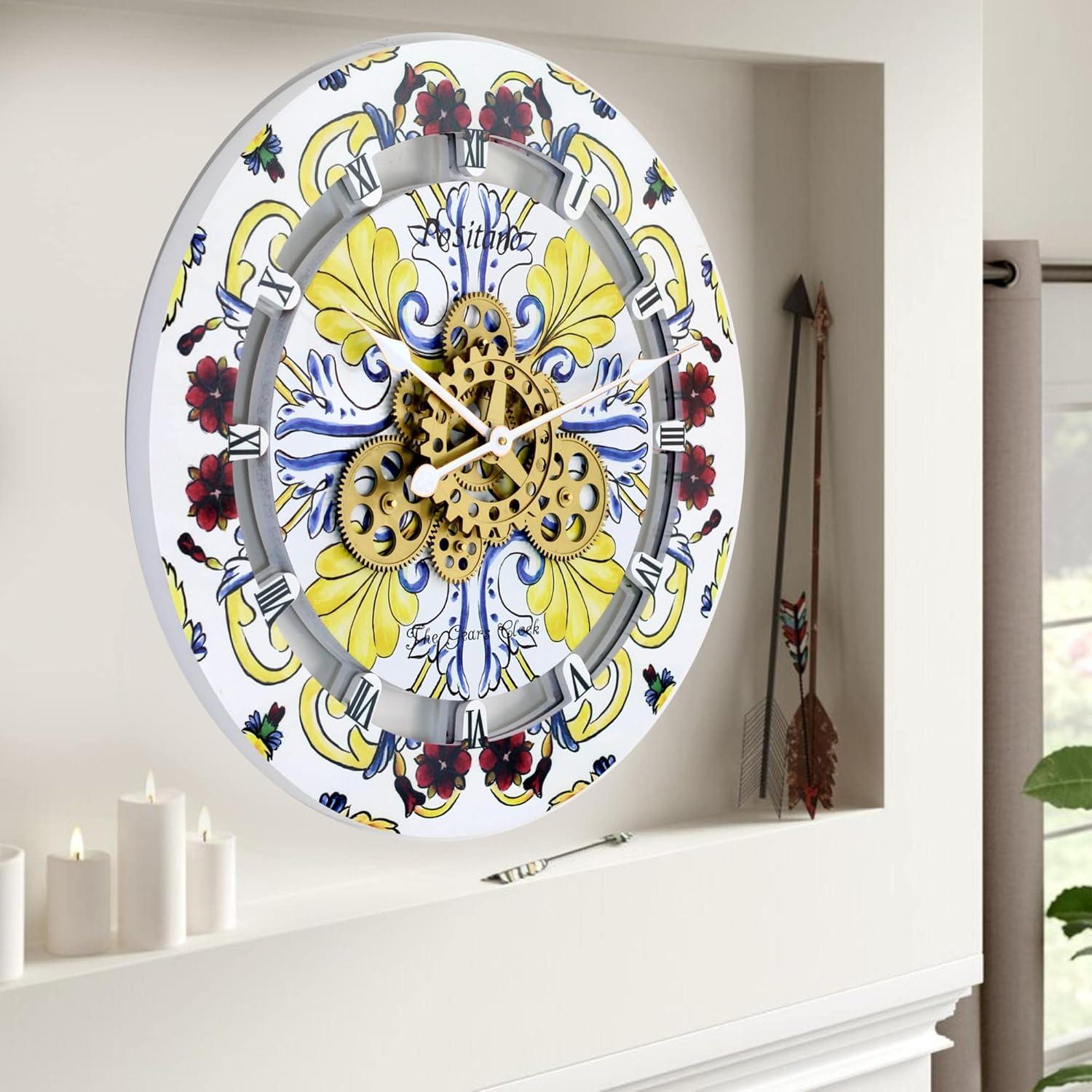 Wall Clock 24" Oversized for Living Room decor with Real Moving Gears Italy Collection