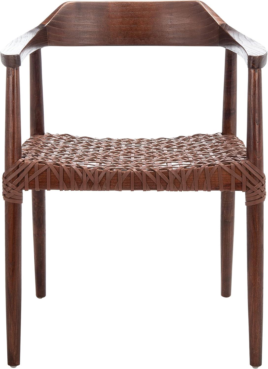 SAFAVIEH Munro Leather Woven Accent Chairs, Walnut (Sungkai Wood Frame)/Cognac (Leather Seat) (22 in. W x 20.5 in. D x 28.5 in. H)