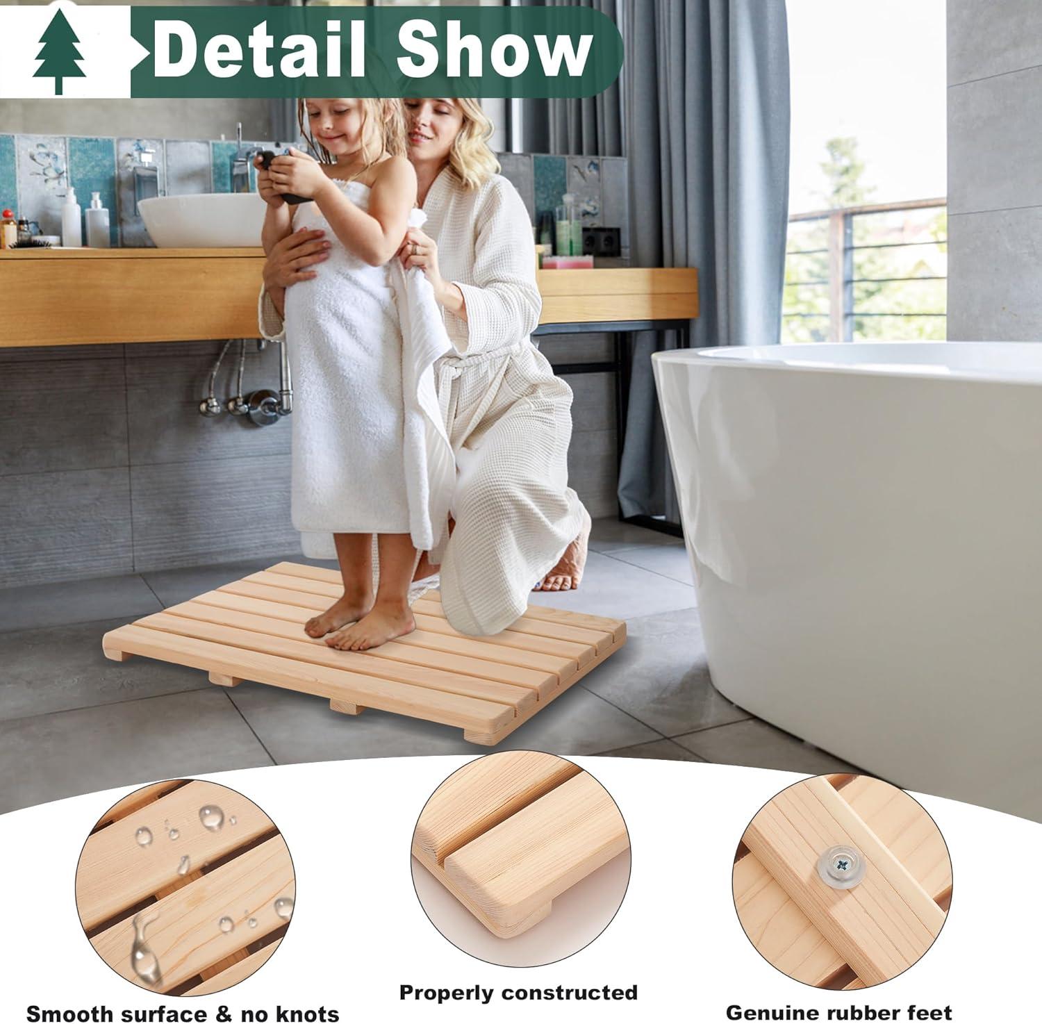 bingaai Hinoki Wood Shower and Bath Mat 25×18.9 in, Natural Japanese Hinoki Wooden Bath Mat, Non-Slip Bathroom Mat Wood for Indoor Outdoor Shower, Wooden Floor Mat for Spa Sauna Camping