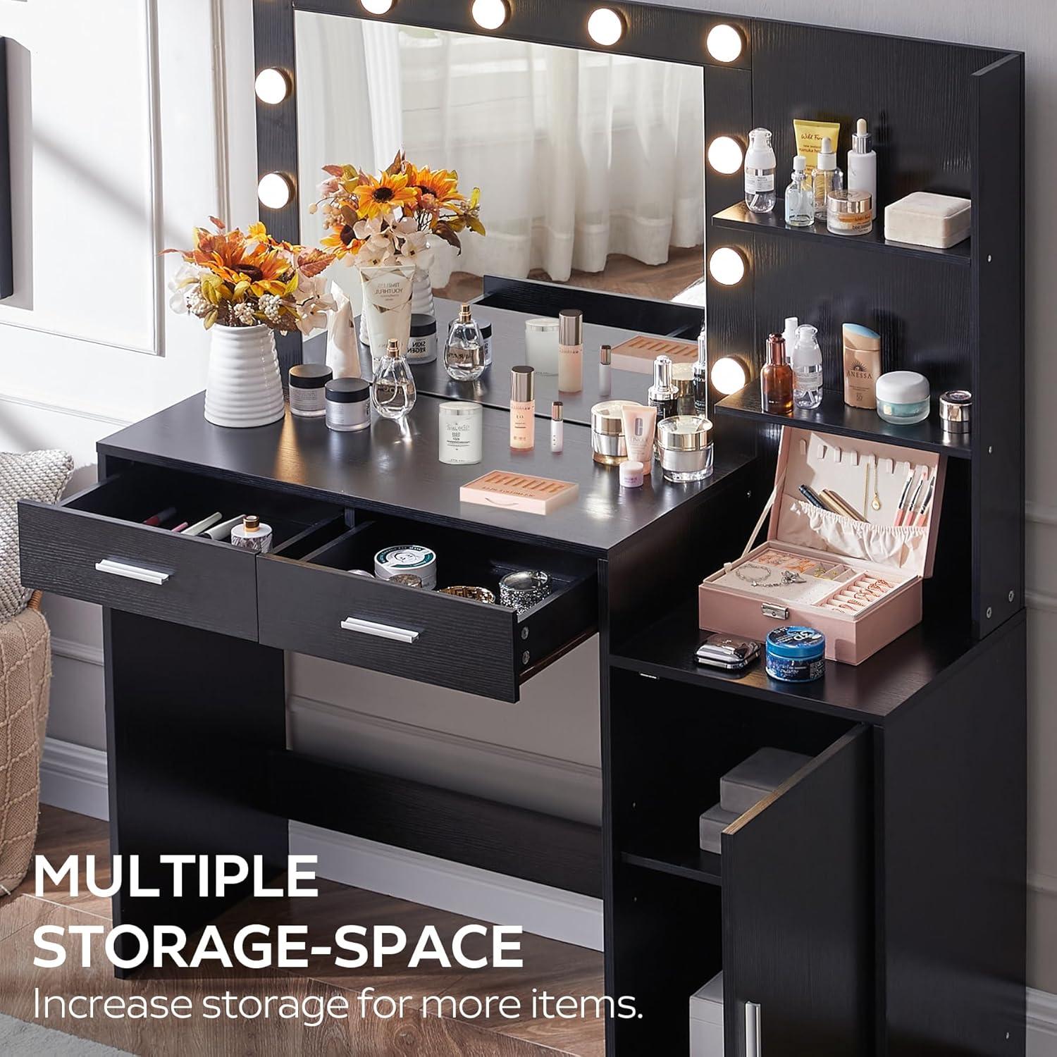46.7" Vanity Desk with Mirror & LED Lights, Dressing Table with 2 Large Drawers & Vertical Organizer, 3-Tier Storage, 3 Adjustable Lighting Modes, Makeup Desk for Bedroom