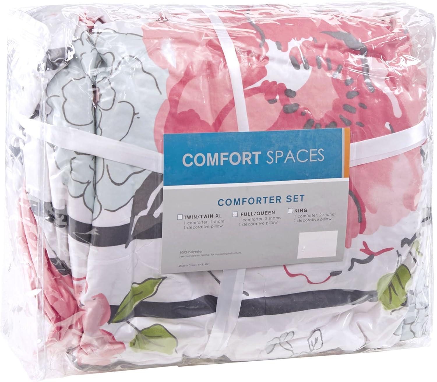 Comfort Spaces Full/Queen Comforter Sets, 4-Piece Floral Kids Bed Sets for All Season, Pink and Black Bedding Comforter Sets for Girls