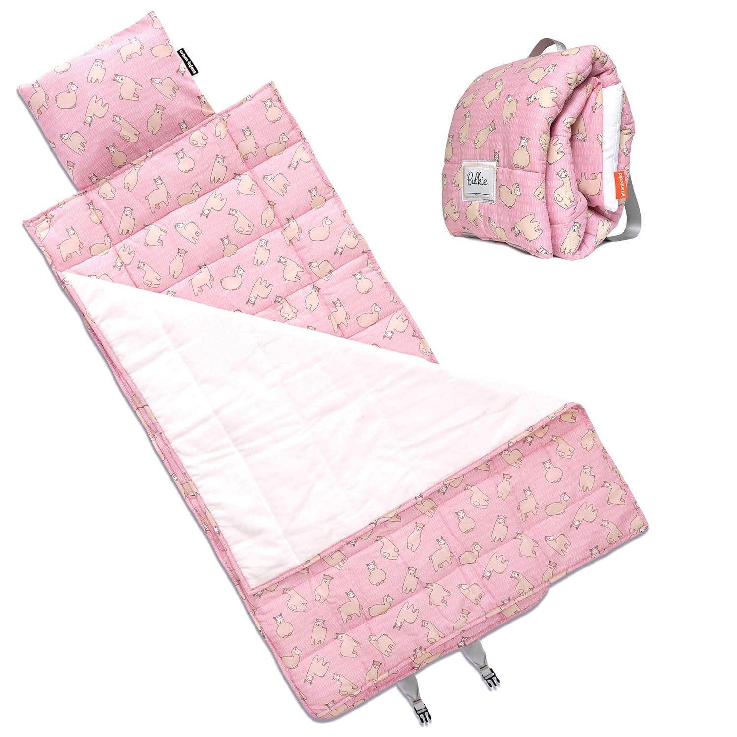 Pink and White Cotton Polyester Toddler Nap Mat with Llama Print