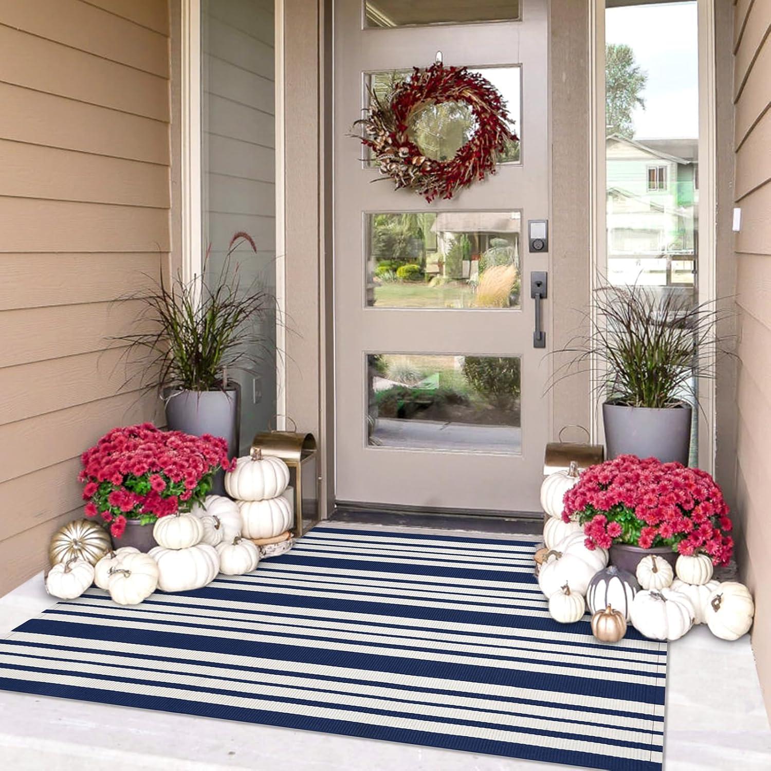 IOHOUZE Navy and White Striped Rug 2'x3' Front Door Rugs, Small Washable Area Rug for Front Porch, Spring Summer Doormats Outdoor Indoor, Cotton Rugs for Entryway Porch Entrance