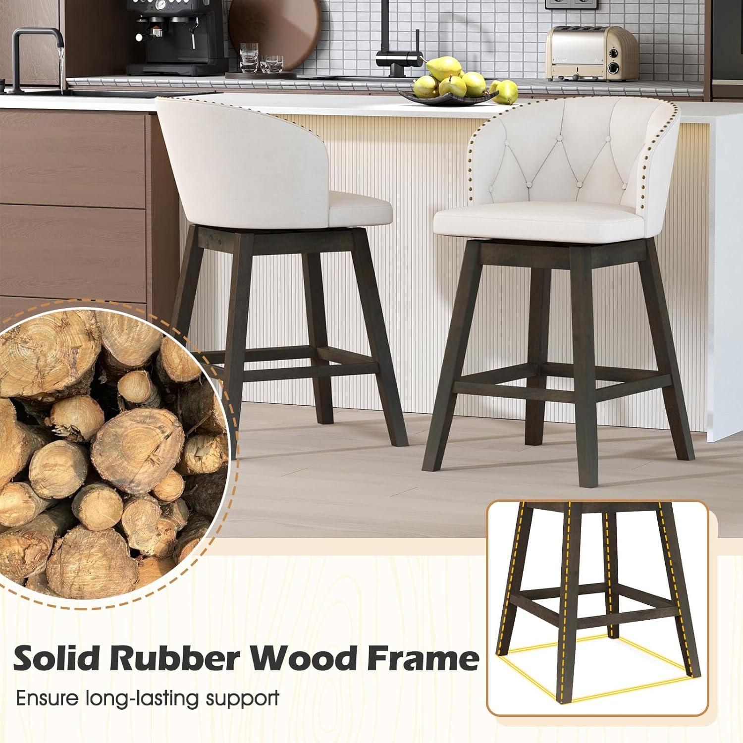 Costway 2 PCS Counter Height Bar Stools Fabric Upholstered Island Stools with 360° Swivel Seat Beige