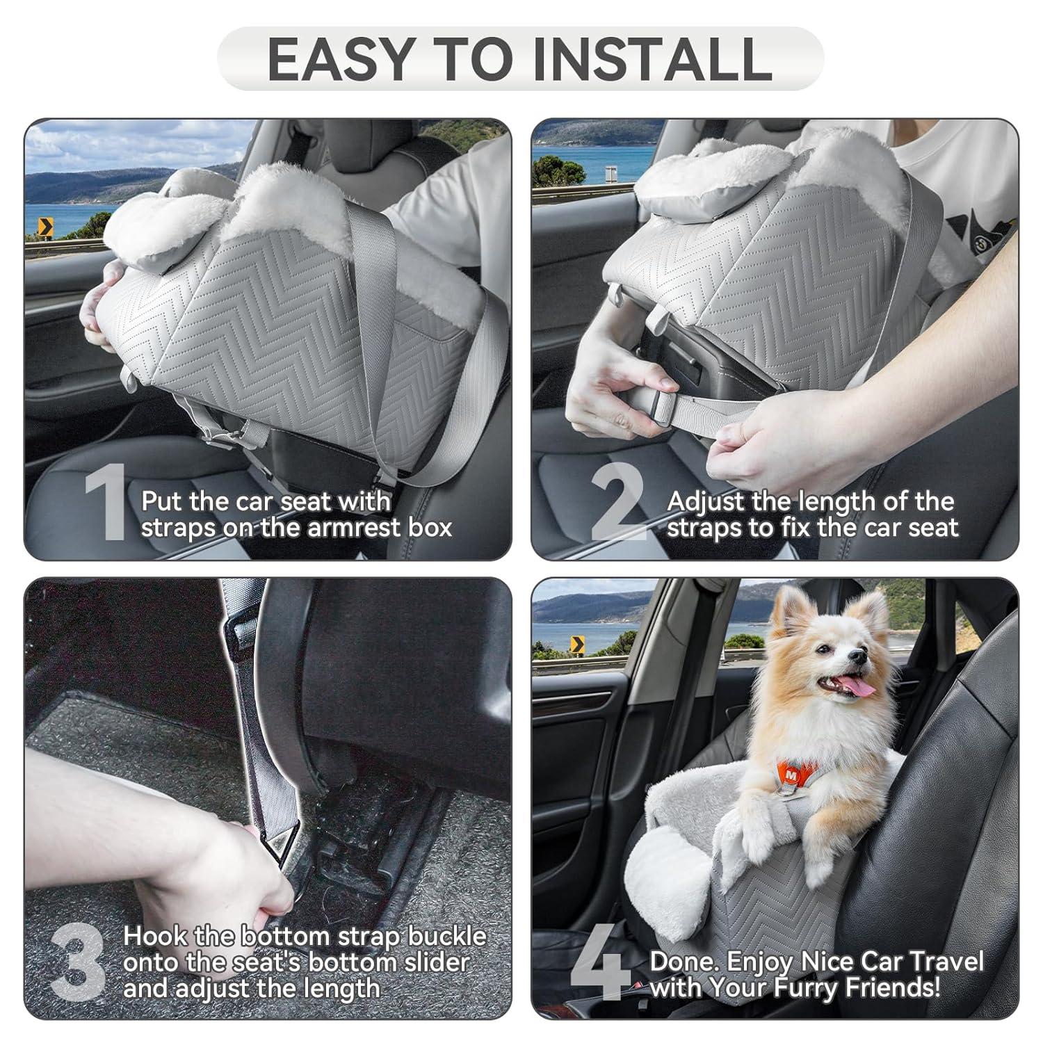 PETSFIT Small Dog Car Seat, Portable Dog Seat for Car with Safe Protective Hooks, Luxury Dog Console Car Seat,Up to 12 lbs,Grey