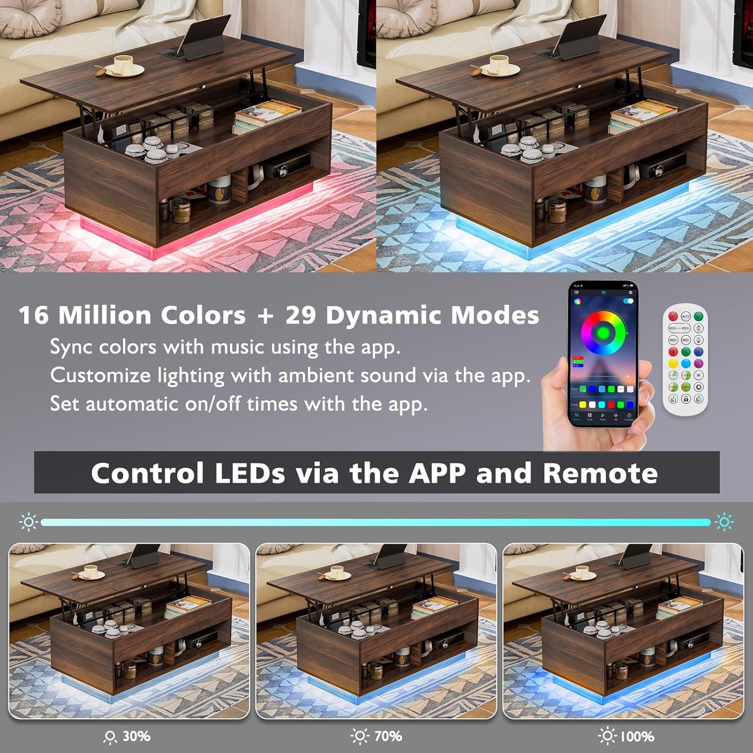 Hommpa Lift Top Coffee Table with Hidden Compartment LED Coffee Tables Dark Walnut Center Rising Cocktail Table for Living Room Accent Furniture