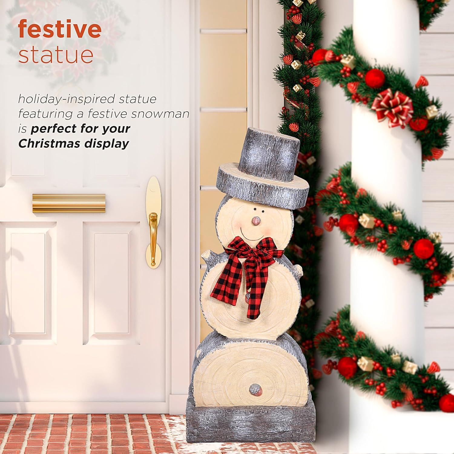 Alpine Corporation 16" x 9" x 38" Wooden Snowman Holiday Statue, Brown/Tan