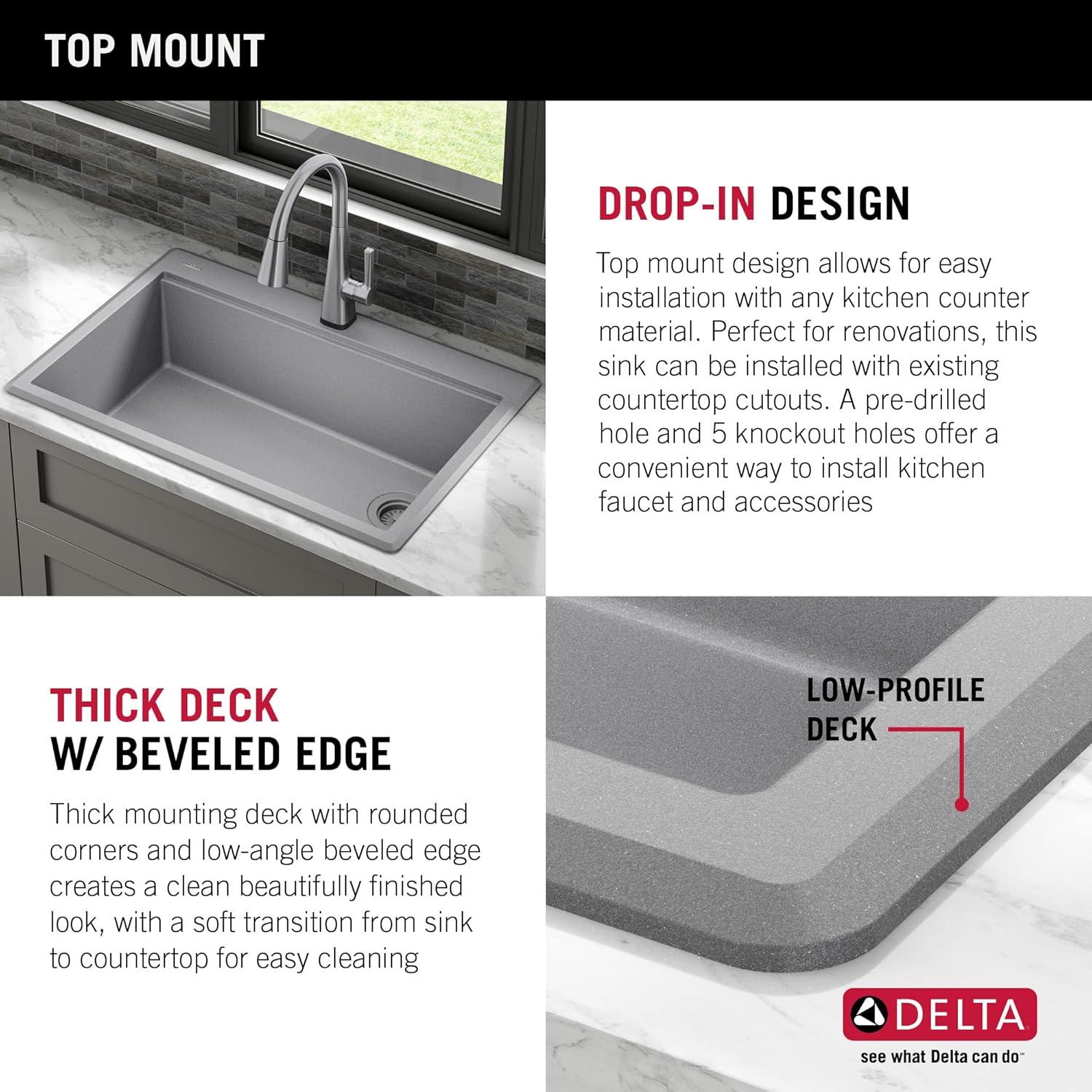 DELTA Everest™ 30" L Granite Composite Workstation Kitchen Sink Drop-In Top Mount Single Bowl with WorkFlow™ Ledge