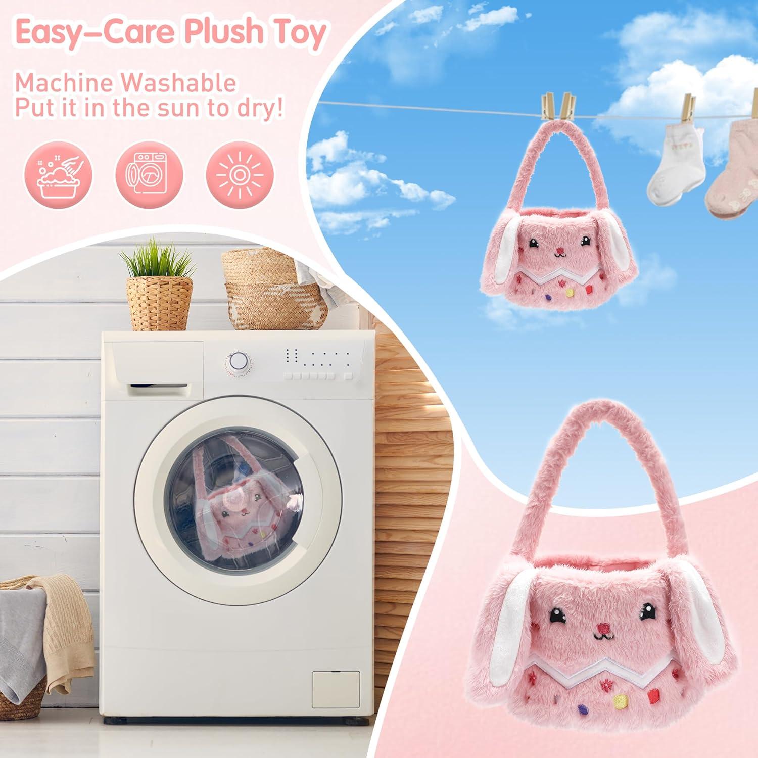 Easter Bunny Tote Bag, Cute Fuzzy Rabbit Ears Soft Plush Candy Handle Bag Eggs Basket Gift Bag for Kids Holiday Decorations