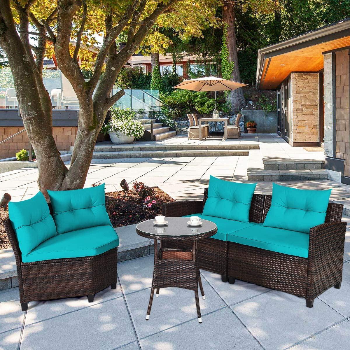 Costway 4PCS Outdoor Patio Rattan Furniture Set Cushioned Sofa Table Turquoise