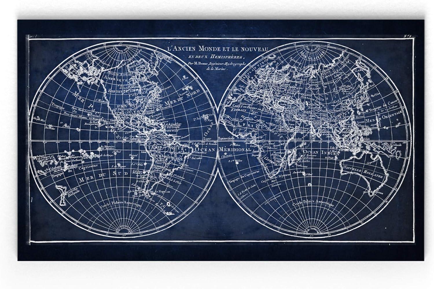 Vintage Blue World Map Canvas Print 21x41