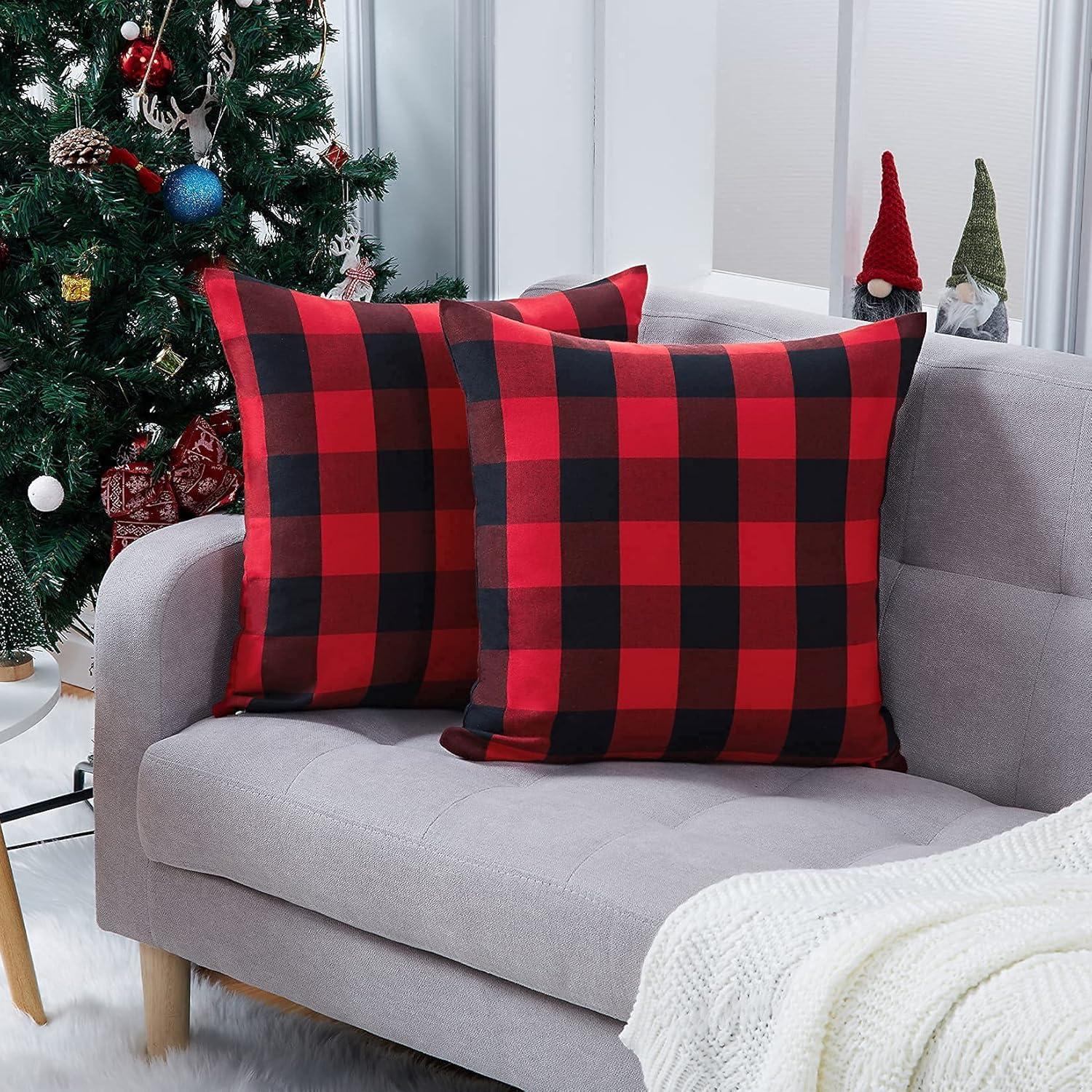 2 Pack Christmas Pillow Covers Buffalo Check Plaid Throw Decorative Cushion Case Polyester for Farmhouse Home Decor Red and Black, 18" x 18"