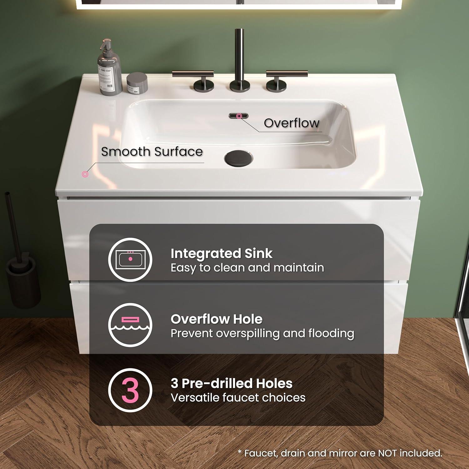 Little Tulip 30" Floating Bathroom Vanity with 3-Hole Ceramic Sink, Contemporary Bathroom Cabinet with 2 Drawers, White