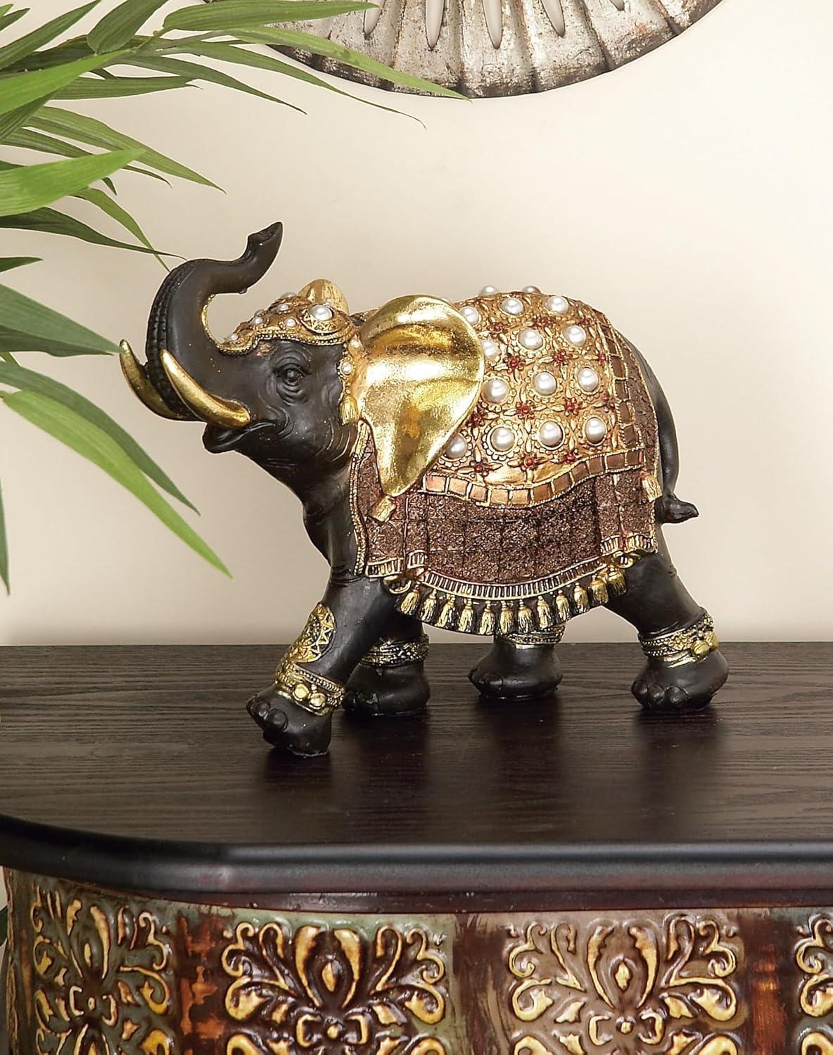 Gold and Brown Bejeweled Elephant Figurine with Rhinestones