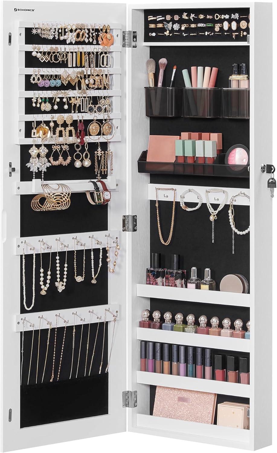 SONGMICS Jewelry Cabinet Lockable Wall-Mounted Jewelry Organizer Armoire Unit with 2 Plastic Cosmetic Storage Trays Full-Length Frameless Mirror White