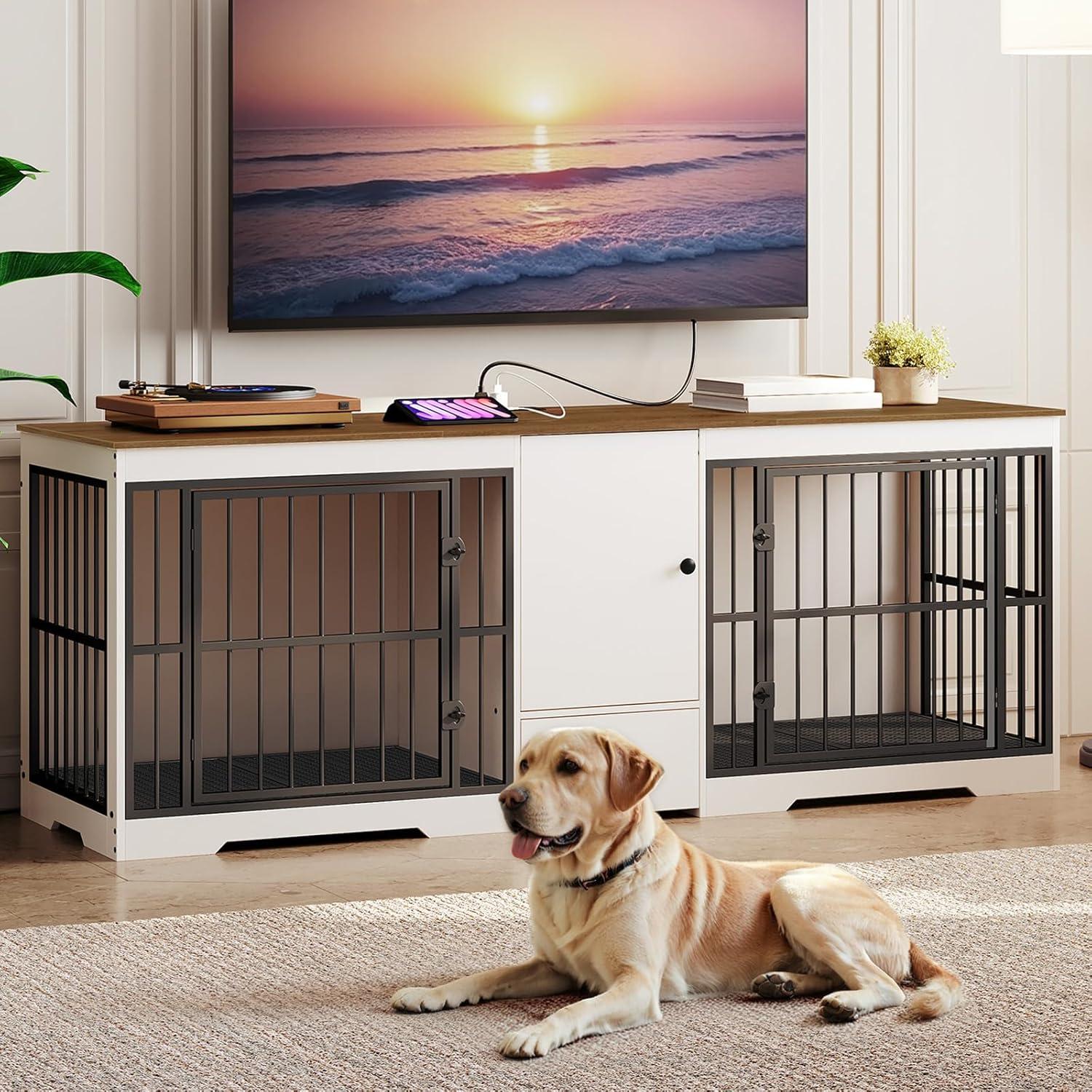 Tucker Murphy Pet™ 72.8 Inch Dog Crate Furniture For 2 Dogs, Farmhouse Double Dog Cage Furniture With Storage Cabinet And Drawer, Wooden Dog Kennel Tv Stand With Power Outlet