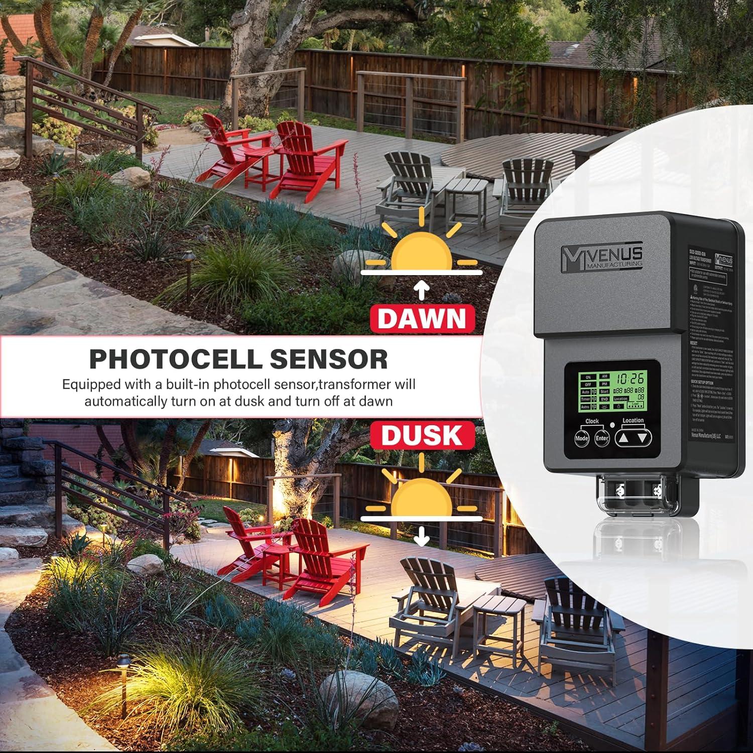 120W Outdoor Low Voltage Transformer with Timer and Photo Sensor, 120V AC to 15V AC Power Supply, Suitable for 12-15V Exterior Garden Landscape Lighting with ETL Listed