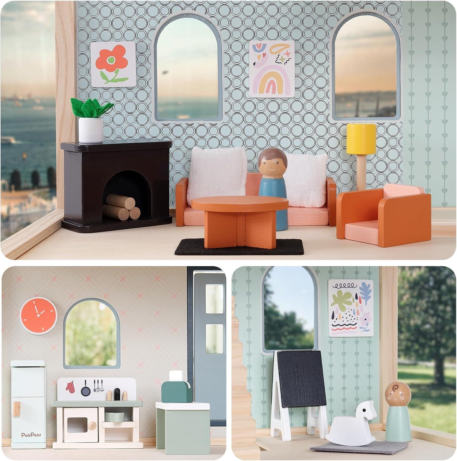 PairPear Wooden Dollhouse Furniture Set,56 Pieces Doll Furnitures with 5 Room Kits Play Fingers,Doll House Miniature Furniture Pretend Play Toys Gift for Toddler Boys and Girls 3Y+