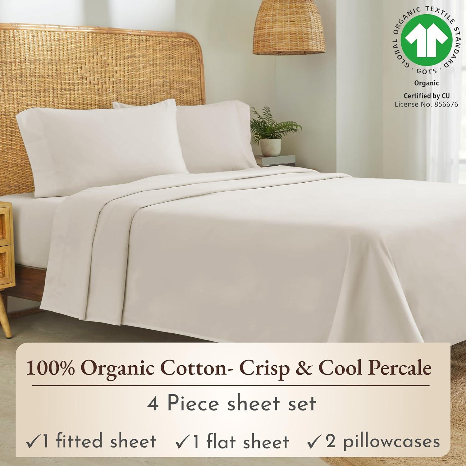 California Design Den  Bed Sheets Set - 100% Organic Cotton Percale, Deep Pocket, GOTS Certified