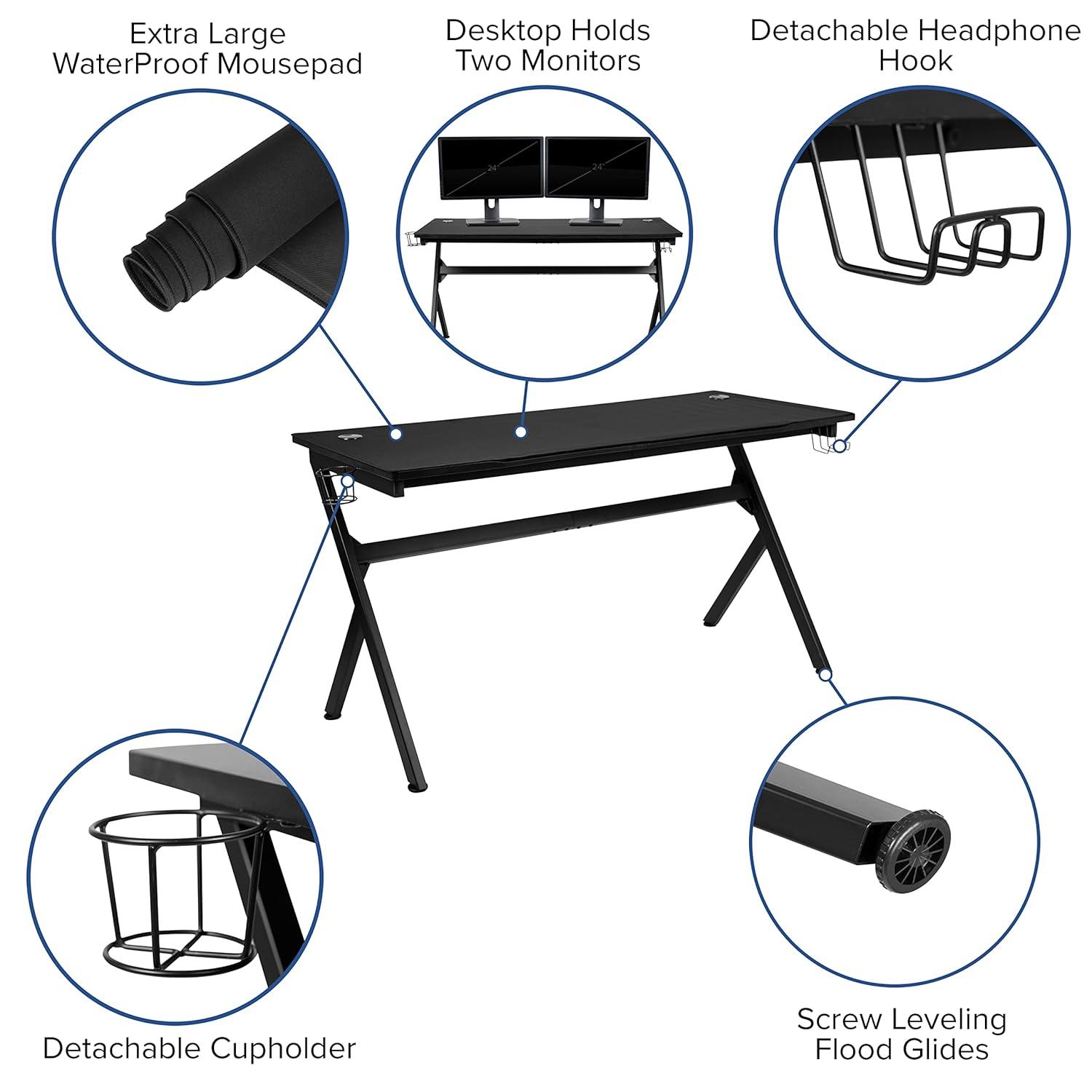 Flash Furniture Black Gaming Desk and Black Footrest Reclining Gaming Chair Set with Cup Holder, Headphone Hook & 2 Wire Management Holes