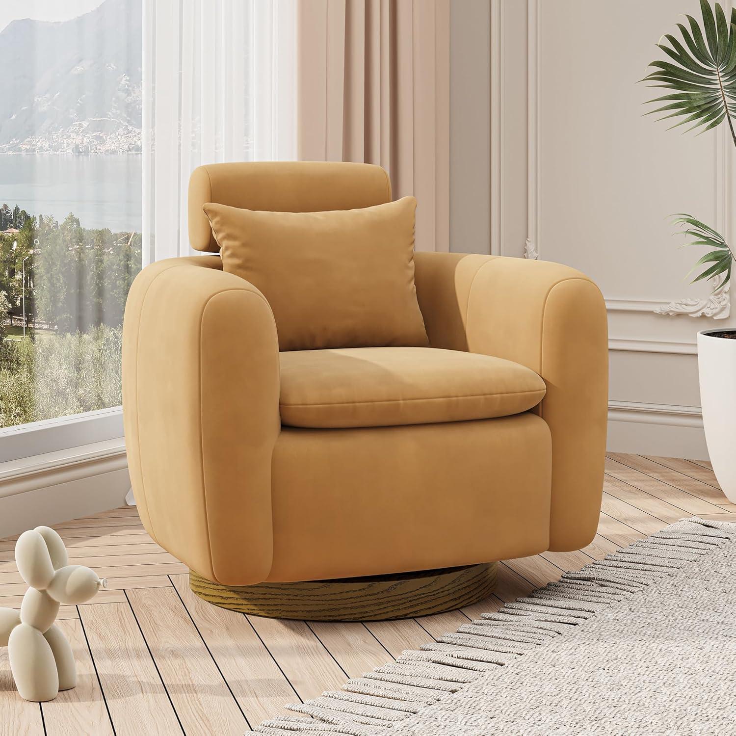 Oversized Camel Brown Velvet Swivel Barrel Accent Chair