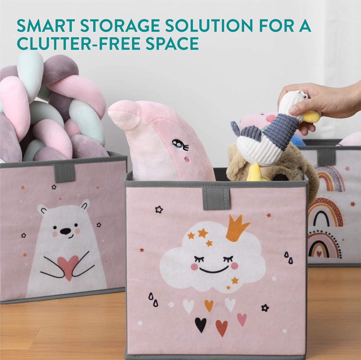 Navaris Kids Storage Cubes (Set of 3) - Storage Boxes 11x11x11" with Animal Designs - Children's Cube Bins Fabric Organizer Bin - Pink/White