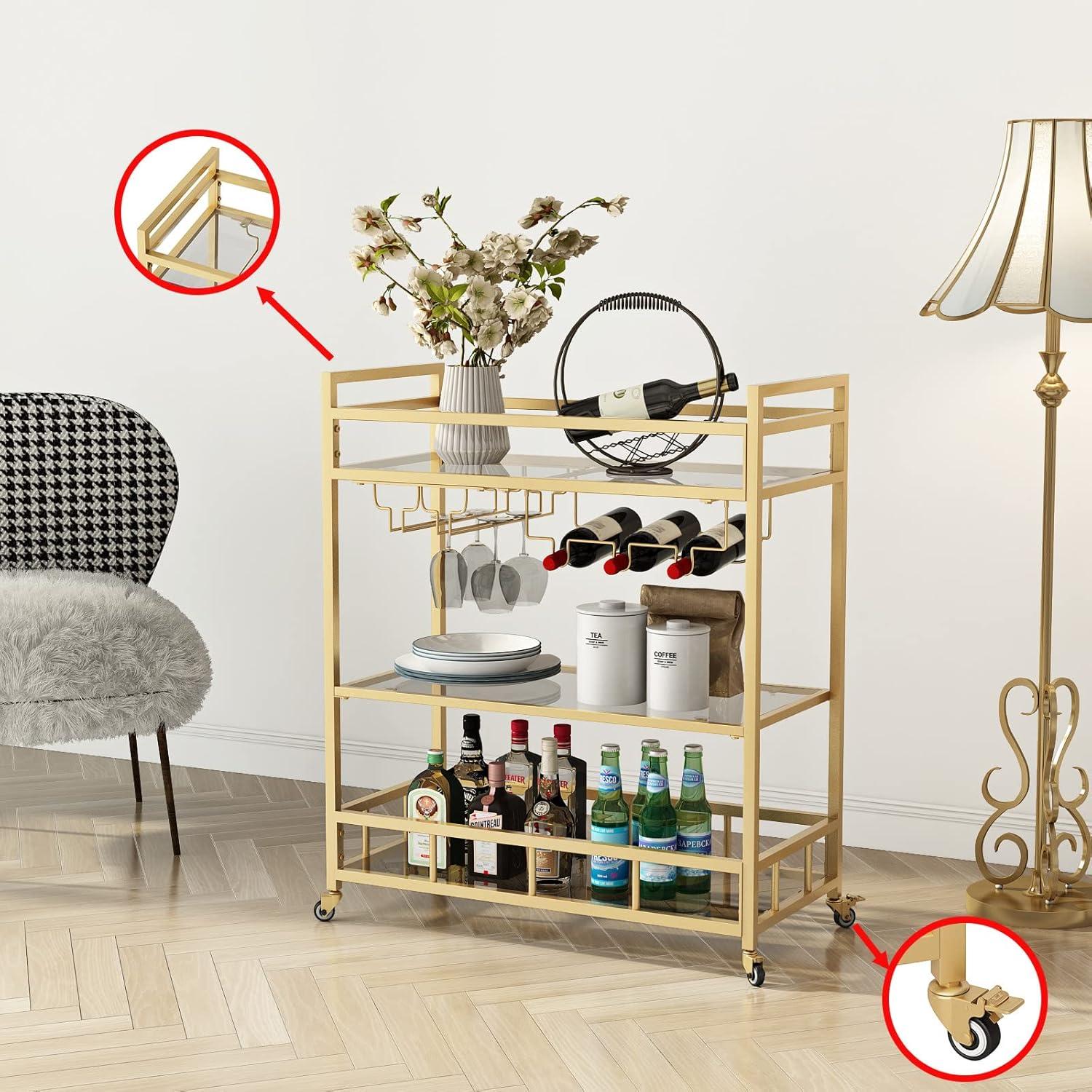 Bar Cart Gold with Bottle Storage and Wine Glass, Rolling Serving Bar Cart on Wheels Indoor & Outdoor, Patio, Gold Kitchen Serving Cart for Party(3-Tier)